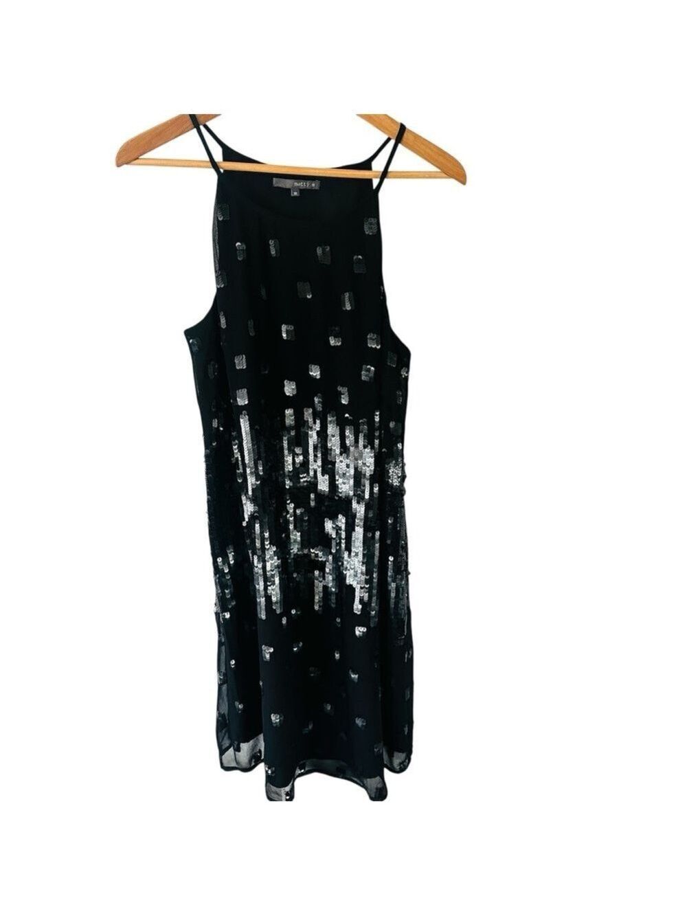 MATTY Elegant Black Sequin Dress Lined sleeveless Party Dress Womens sz Medium